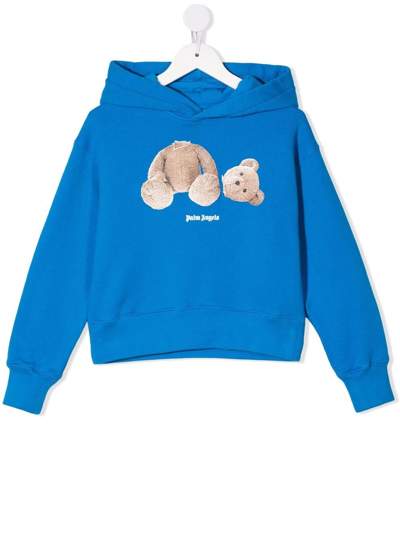 Palm Angels Kids' Teddy-print Logo Hoodie In Blue