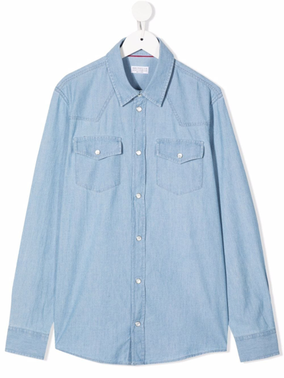 Shop Brunello Cucinelli Teen Button-up Denim Shirt In Blue