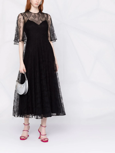 Shop Valentino Butterfly Lace Cape-sleeve Flared Dress In Black