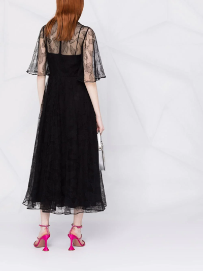 Shop Valentino Butterfly Lace Cape-sleeve Flared Dress In Black