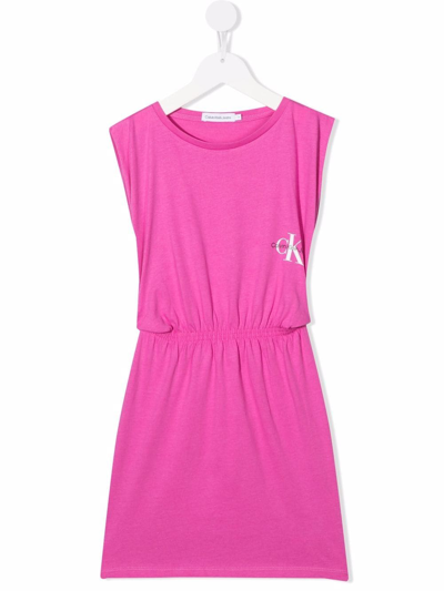 Shop Calvin Klein Sleeveless Logo-print Jersey Dress In Pink