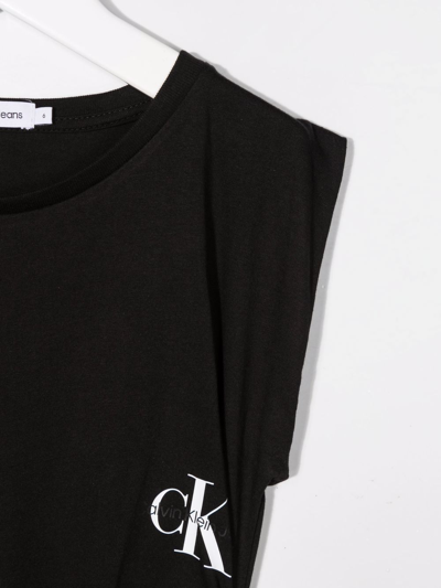 Shop Calvin Klein Sleeveless Logo-print Jersey Dress In Black