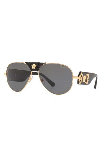 Shop Versace 62mm Polarized Aviator Sunglasses In Gold/ Dark Grey Polarized