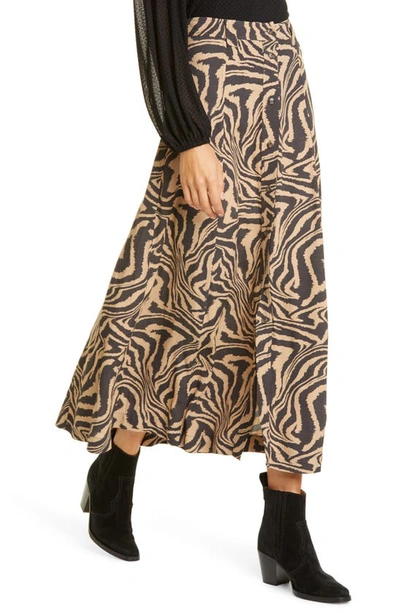 Shop Ganni Print Front Button Midi Skirt In Tannin