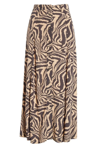 Shop Ganni Print Front Button Midi Skirt In Tannin