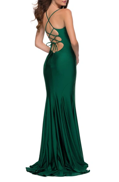 Shop La Femme Cross Back Satin Jersey Trumpet Gown In Emerald