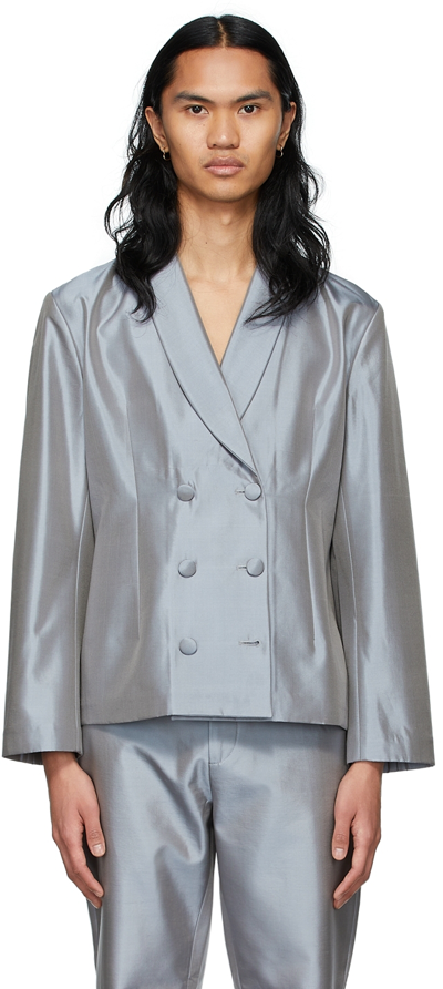 Shop Erl Ssense Exclusive Grey Silk Blazer In Blue