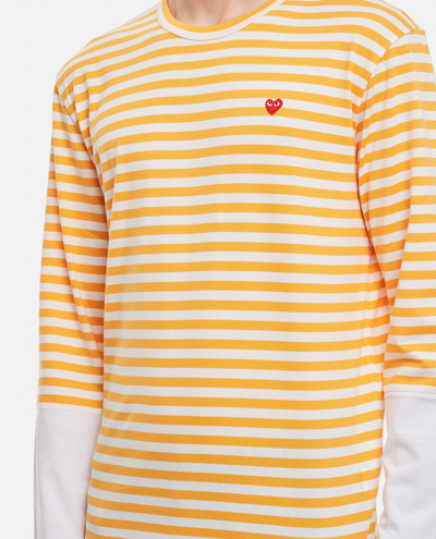 Shop Comme Des Garçons Play Striped Cotton T-shirt In Yellow