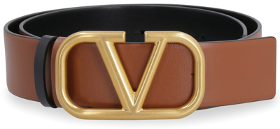 Shop Valentino Garavani - Logo Buckle Leather Belt In Brown
