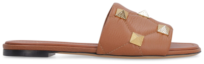 Shop Valentino Garavani - Roman Stud Leather Slides In Saddle Brown