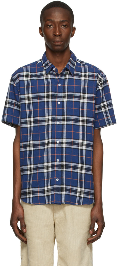 Noon Goons Synth Plaid Short Sleeve Cotton Button-up Shirt In Navy