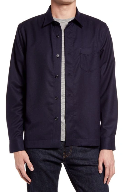 Shop Officine Generale Solid Wool Flannel Button-up Shirt In Navy
