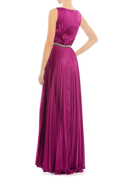 Shop Mac Duggal Crystal Pleated Satin A-line Gown In Berry
