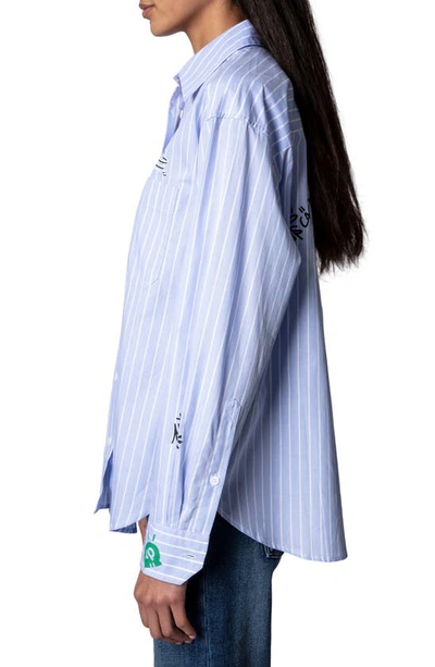 Shop Zadig & Voltaire Tais Raye Tag Stripe Cotton Graphic Shirt In Bleu