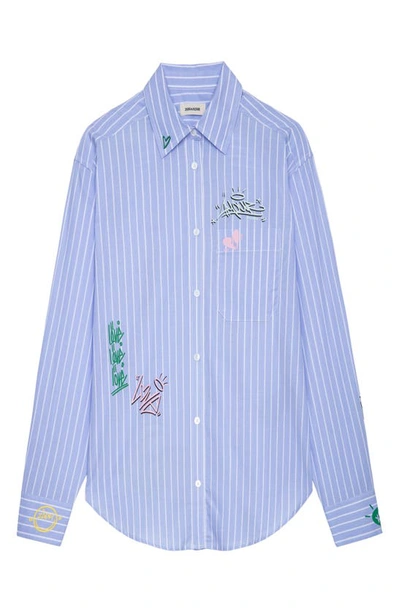 Shop Zadig & Voltaire Tais Raye Tag Stripe Cotton Graphic Shirt In Bleu