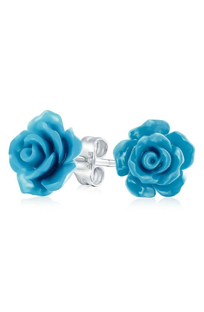 Bling Jewelry 3d Rose Stud Earrings In Matte Blue