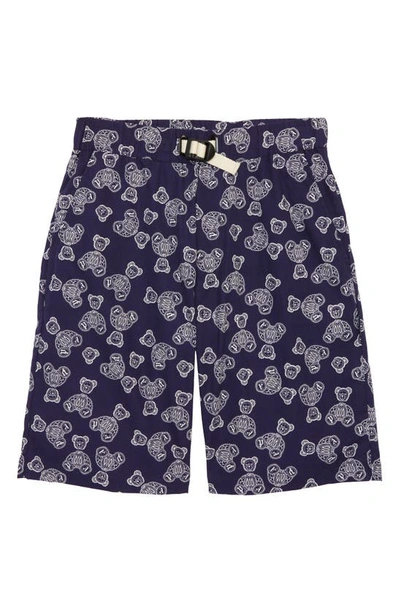 Shop Palm Angels Kids'  Bear Print Cotton Chino Shorts In Navy Blue White