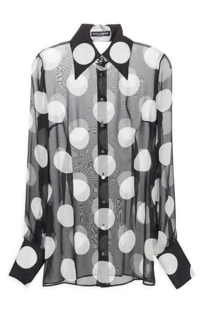 Shop Dolce & Gabbana Polka Dot Print Silk Chiffon Blouse In Bianco/ Nero
