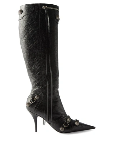 BALENCIAGA CAGOLE BUCKLED KNEE-HIGH LEATHER BOOTS 