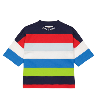 Palm Angels Boy's Logo Striped Jersey T-shirt In Multicolor White