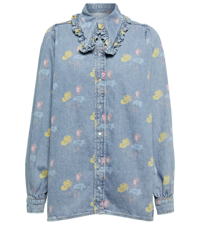 Shop Ganni Printed Denim Blouse In Bleach Blue