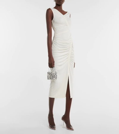 Shop Self-portrait Asymmetric Ruched Jersey Midi Dress In Ivory