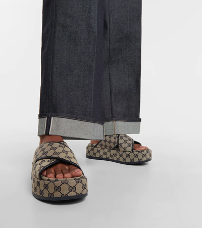 Shop Gucci Gg Canvas Platform Sandals In Beige Blue/blu