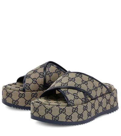 Shop Gucci Gg Canvas Platform Sandals In Beige Blue/blu