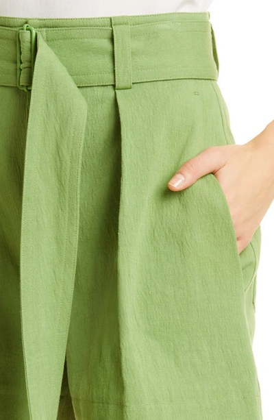 Shop Vince Belted Cotton & Linen Twill Shorts In Kiwi