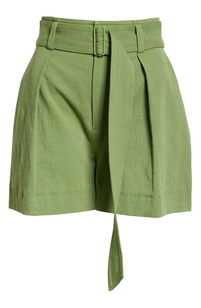 Shop Vince Belted Cotton & Linen Twill Shorts In Kiwi