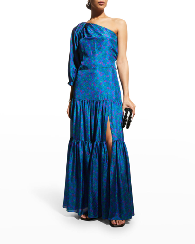 Shop Veronica Beard Serence Floral Pleat Tiered Maxi Skirt In Cobalt Multi
