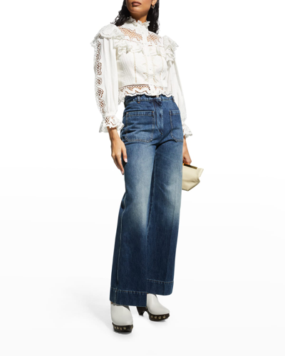 Shop Alice And Olivia Marlo Eyelet Lace Ruffled Cropped Blouse In Off White