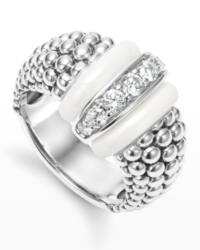 Shop Lagos White Caviar White Ceramic Diamond Large 1-link Ring In Ss Wht