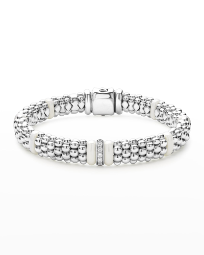 Shop Lagos Sterling Silver And Gold White Caviar White Ceramic Diamond Link Bracelet In Ss 18k Wht