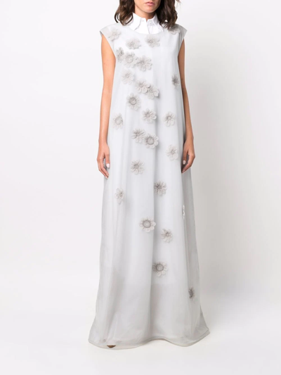 Shop Thom Browne Floral Applique Long Dress In Grey