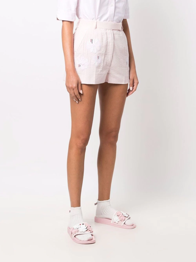 Shop Thom Browne Floral Embroidered Striped Shorts In Pink