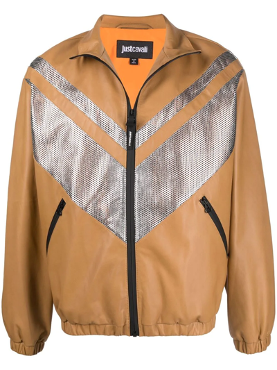 Just Cavalli Metallic Panel Bomber Jacket In Beige ModeSens