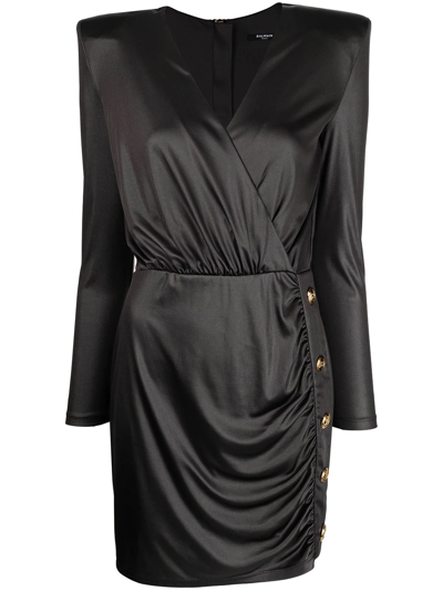 Shop Balmain Metallic Draped Padded-shoulder Dress In Schwarz