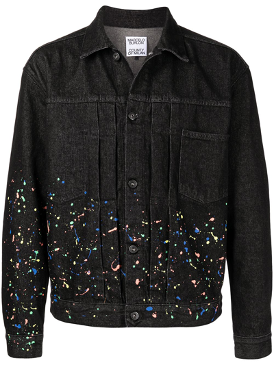 Shop Marcelo Burlon County Of Milan Paint-splatter Denim Jacket In Schwarz