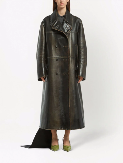 Shop Prada Double-breasted Leather Coat In Schwarz