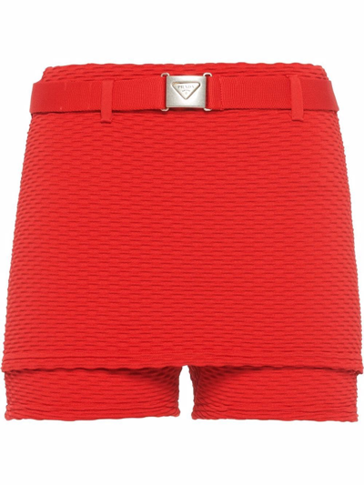 Shop Prada Jacquard Belted Mini Shorts In Rot