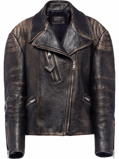Shop Prada Faded Leather Biker Jacket In Schwarz