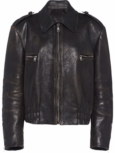 Shop Prada Distressed Leather Jacket In Schwarz