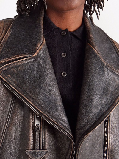 Shop Prada Faded Leather Biker Jacket In Schwarz