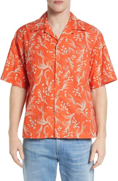 Short Sleeve Cotton Button-up Camp Shirt In Orange