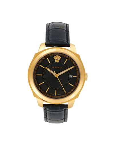 Shop Versace Men's 42mm Stainless Steel & Leather Watch In Black