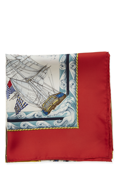 Pre-owned Hermes Red & Multicolor 'vive Le Vent' Silk Scarf 90