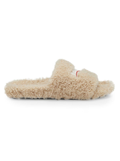 Shop Balenciaga Men's Furry Faux Shearling Slide Sandals In Beige White Red