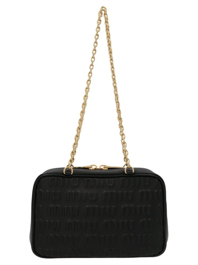 Shop Miu Miu Allover Logo Zipped Shoulder Bag In Black