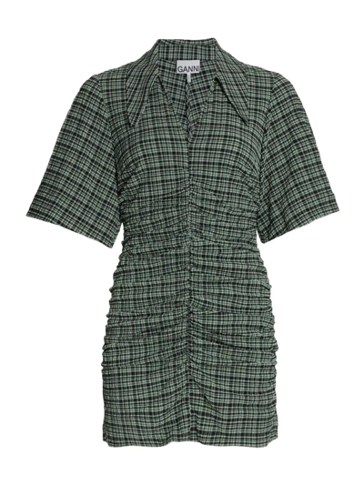 Shop Ganni Stretch Check Seersucker Dress In Mini Check Green Bay